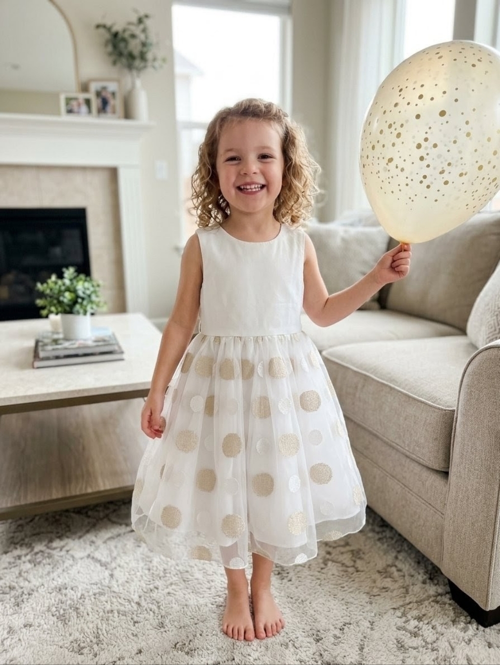 White & Gold Polka Dot Party Dress – Fits 5–6 Years